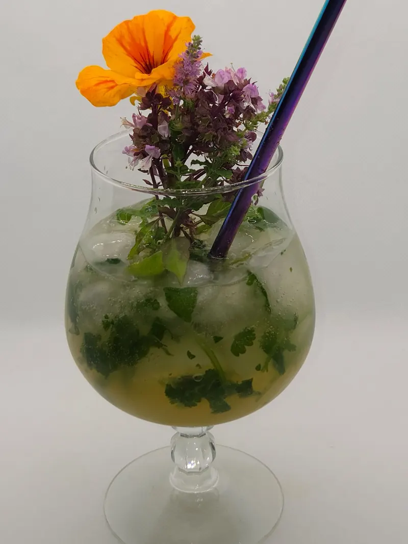 Cocktail im Stielglas mit Eis, frischen Kräutern, Basilikumblüten und einer orangen Kapuzinerkresse-Blüte