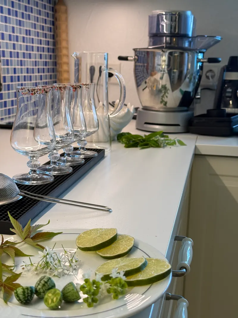 Cocktail-Garnitur mit Limettenscheiben, Mini-Gurken und Blüten