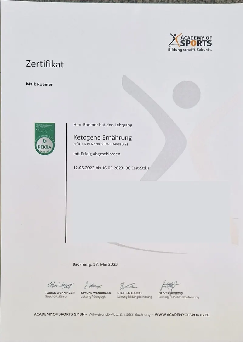 Zertifikat der Academy of Sports zum Lehrgang Ketogene Ernährung nach DIN 33961 (Niveau 2), Mai 2023