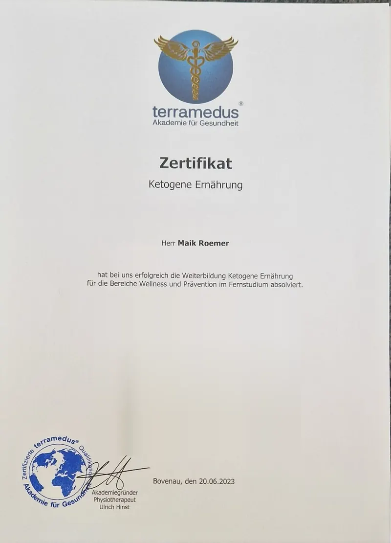 Zertifikat der terramedus Akademie für Gesundheit zur Weiterbildung Ketogene Ernährung, 20. Juni 2023
